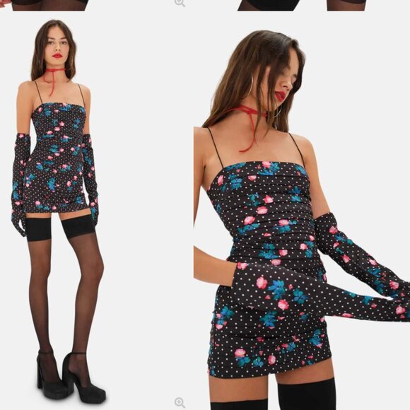 FOR LOVE & LEMONS POSEY MINI DRESS SATIN POLKA DOT WITH GLOVES XXS - Picture 1 of 6